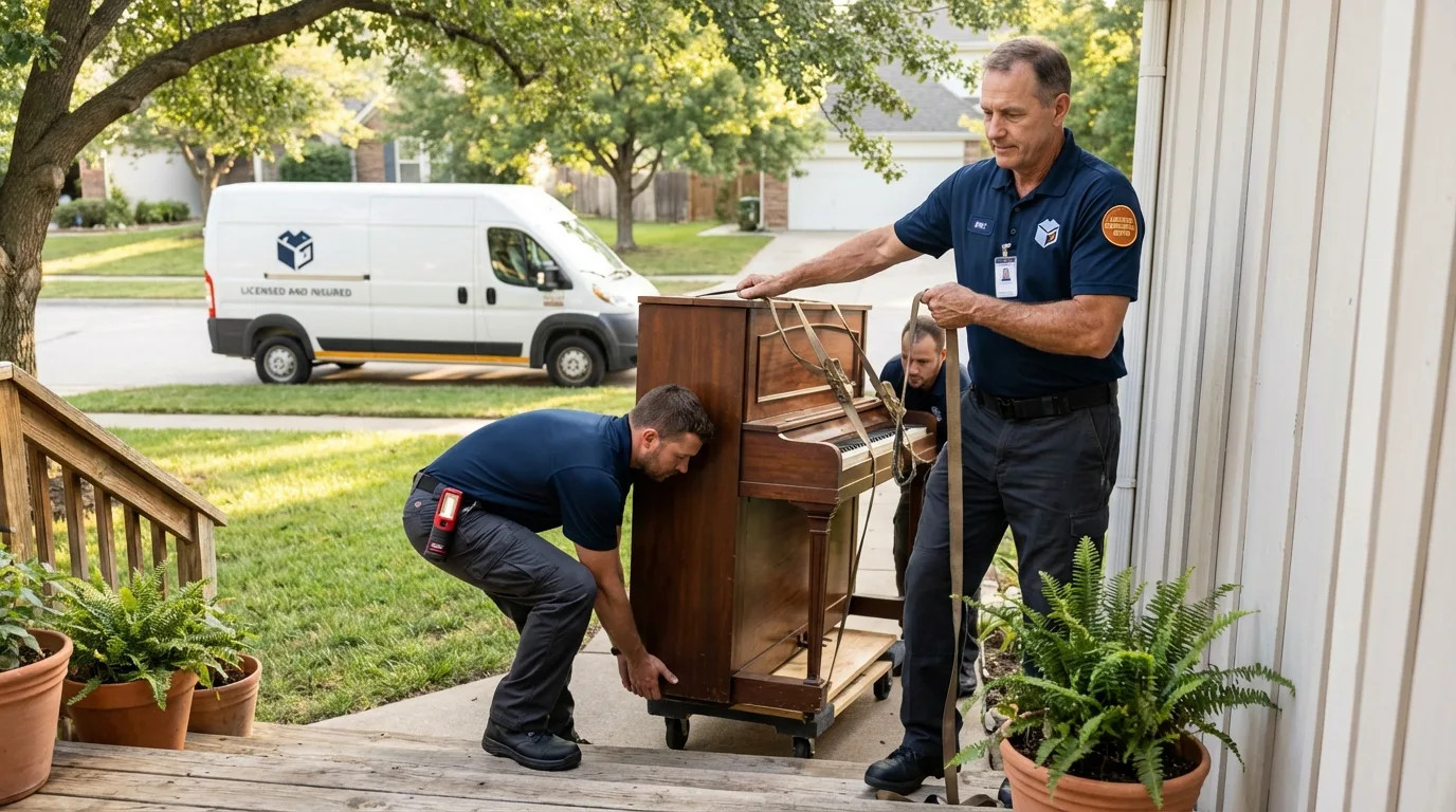 Licensed piano movers securing grand piano in West Lafayette, OH