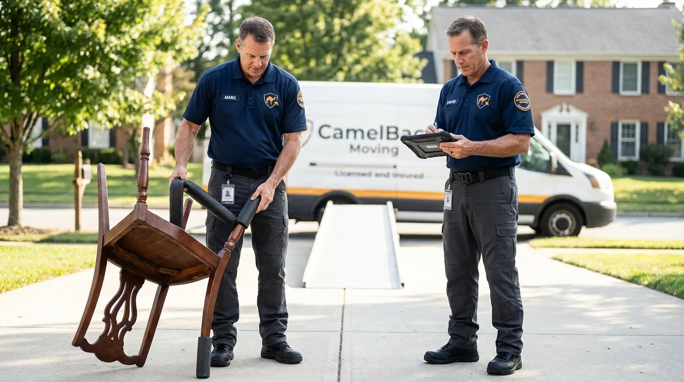 Movers inspecting furniture for damage prevention before loading in West Lafayette, OH