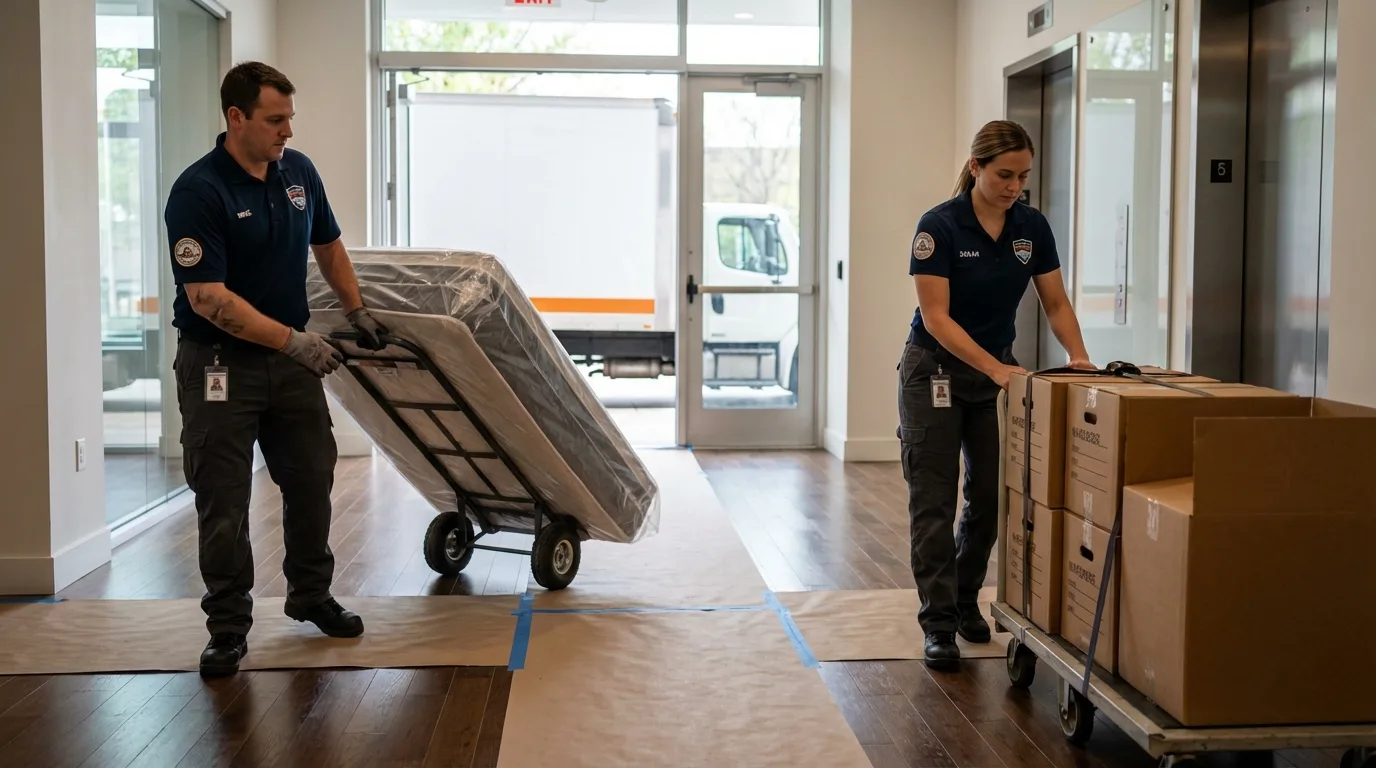 Professional apartment movers loading elevator in West Lafayette, OH