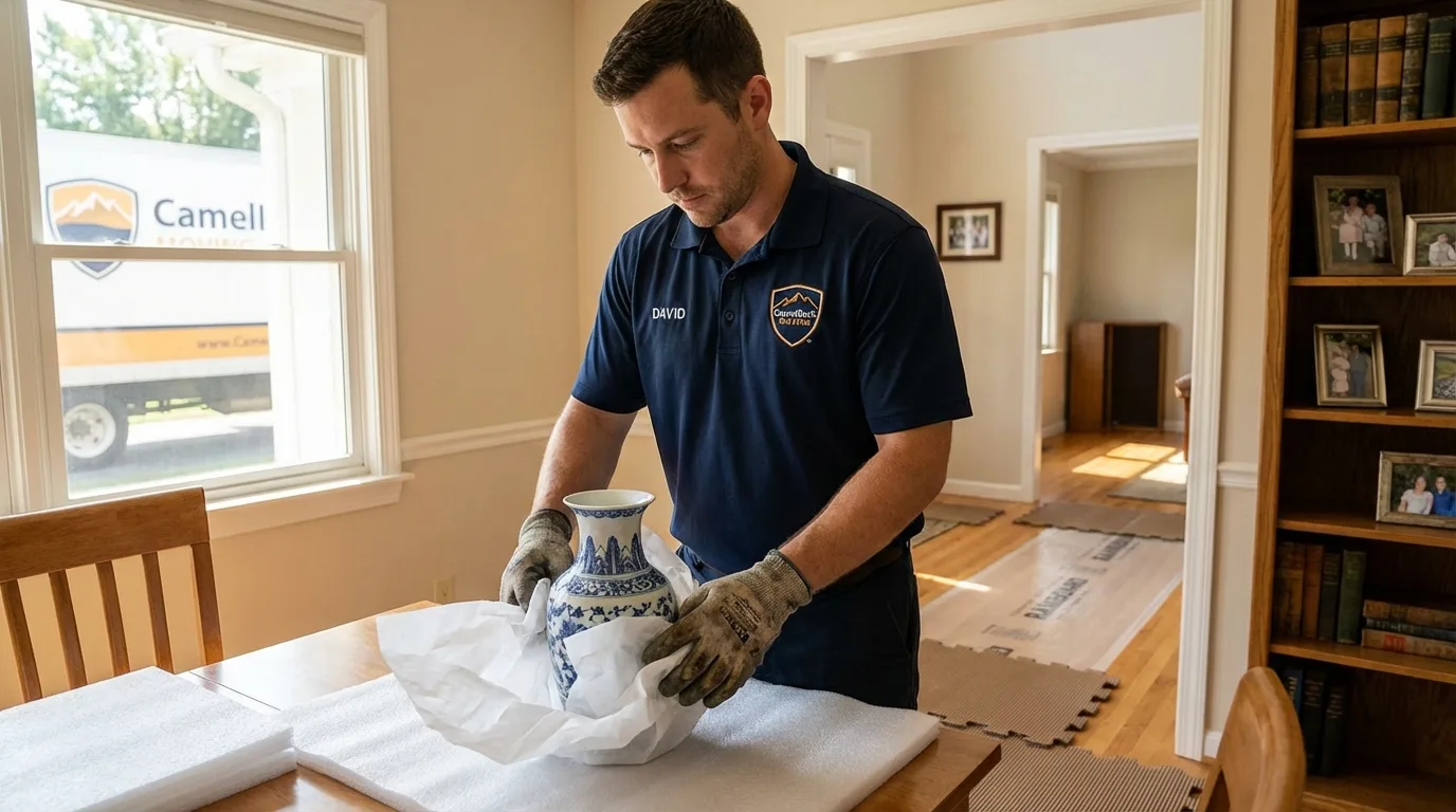 Professional crew carefully wrapping antique vase for senior downsizing move in West Lafayette, OH