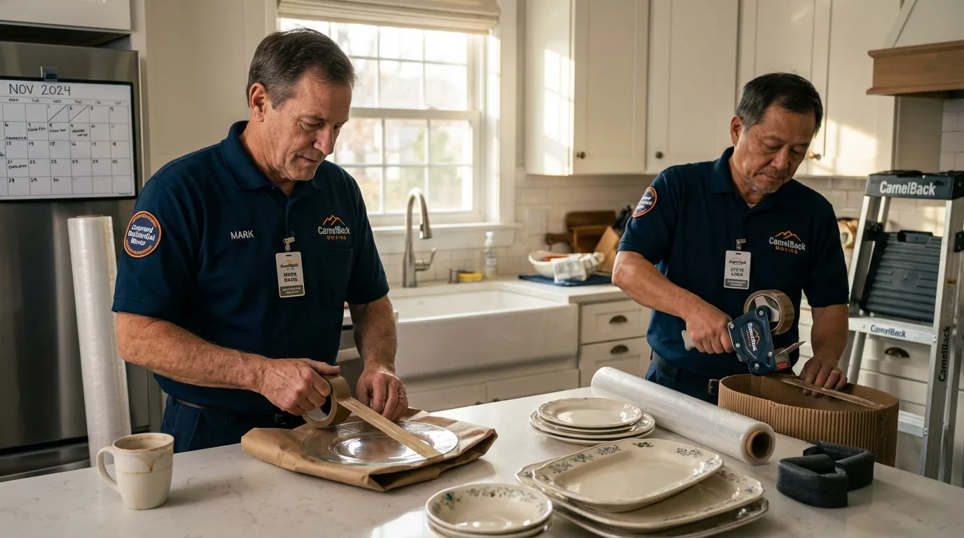 Professional crew packing kitchen dishware in West Lafayette, OH